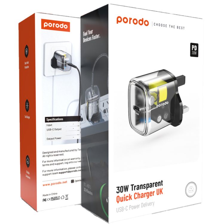 Porodo UK Transparent Quick Charger with 30W USB-C Power Delivery, Overheat Protection, 0%-60% Charge in 35 Minutes, Fast Charging Support, Reliable Companion - Black
