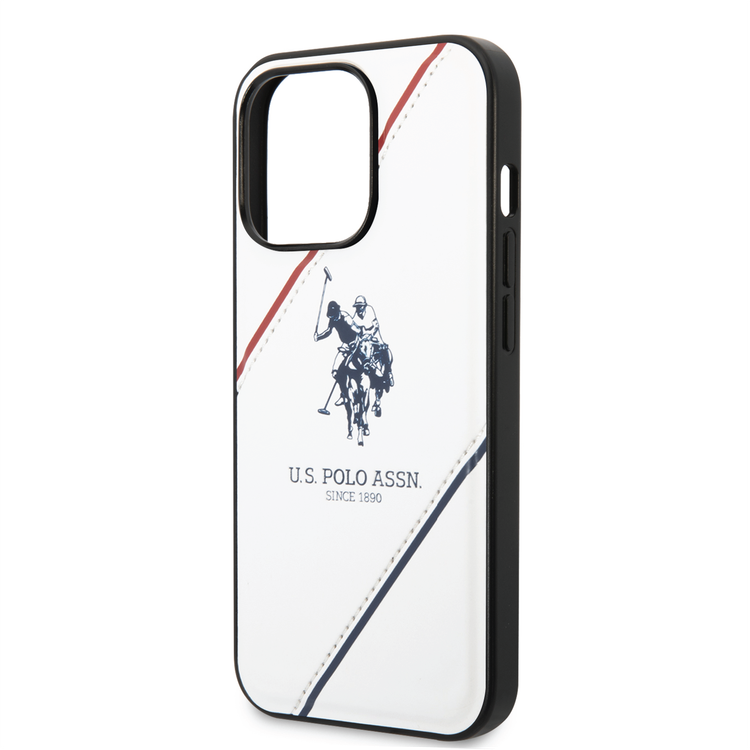 USPA PU Leather Case with Embossed Double Line & Horse Logo iPhone 14 Pro Compatibility - White