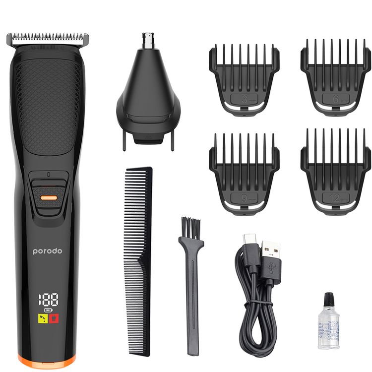 Porodo Lifestyle Multipurpose Beard Trimmer with Up to 120 Minutes Working Time, Stainless Steel Blade Material, 600mAh Battery Capacity, Digital Display, Wide T-Blade - Black