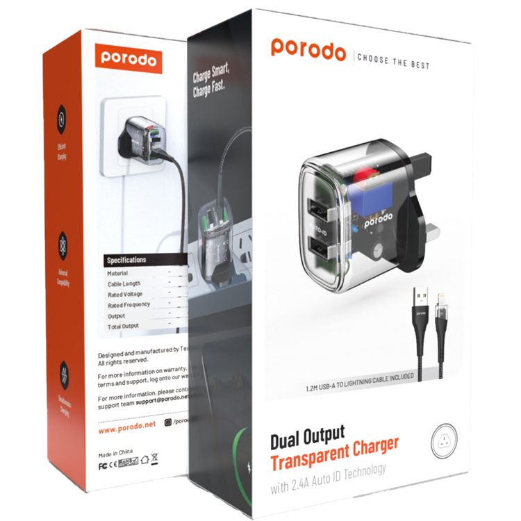 Porodo Dual Output Transparent Charger with 1.2m USB-A to Lightning Cable, 2.4A Auto-ID Technology, 12W Total Output, UK 3-Pin Plug, Simultaneous Charging, Universal Compatibility, Dual USB-A Outputs - Black