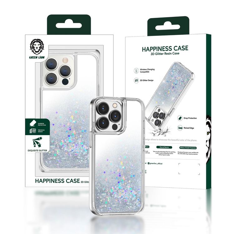 Green Lion 3D Glitter Resin Case for iPhone 13 Pro ( 6.1  ) - Silver