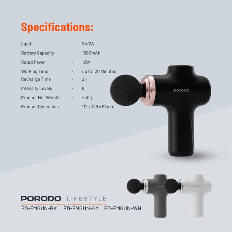 Porodo Lifestyle Precision Handheld Massager with 4 Interchangeable Heads, Up to 120 Minutes Working Time, 2 Hours Charging Time, Type-C Charging Port, 1500 mAh Battery Capacity, 15 W Rated Power, 6 Intensity Levels - Black