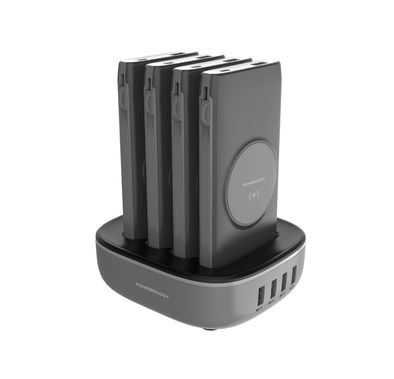 Powerology 4-in-1 10000mAh Power Bank Station with Built-in Lightning/Type-C Cable, 20W Power Delivery, 15W Maximum Wireless Output, UK 3-Pin Power Plug - Black