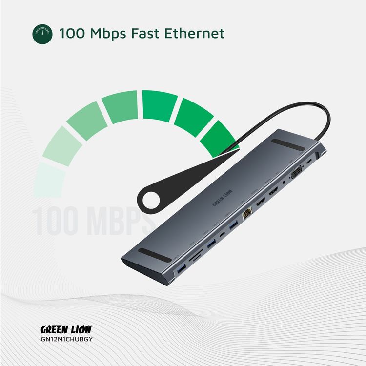Green Lion 12-in-1 4K HDMI Ethernet USB-C Hub with 3× USB-A, 2× USB-C, 2× HDMI, SD/TF Card, RJ45, VGA & AUX Ports, Aluminum Alloy Material, 100Mbps Fast Ethernet, 29cm Cable Length, 5Gbps Data Transfer, Non-Slip Surface - Gray