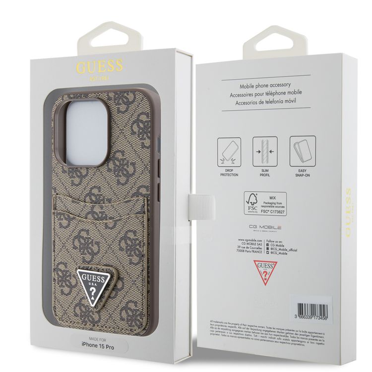 Guess PU Leather Case with Double Card Slot 4G Double Triangle Logo - Brown - iPhone 15 Pro