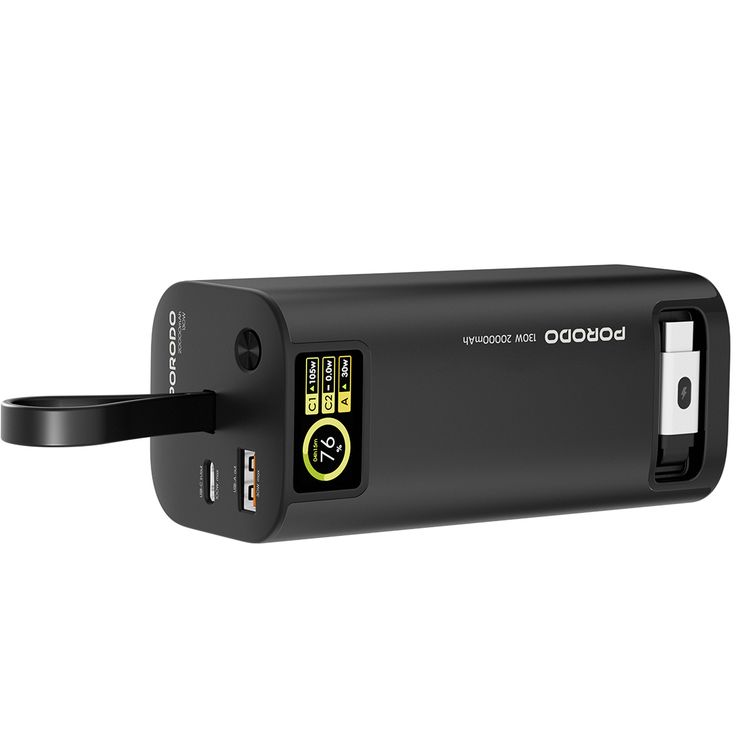 Porodo 20000mAh 130W Power Bank with 1m Retractable Type-C Cable, 100W Power Delivery, Suitable for Laptop Charging, Digital Display - Black