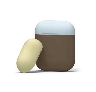 Elago Duo Silicone Case with Apple AirPods Case 1 & 2, Supports Wireless Chargers, Drop Resistant, Dustproof and Absorbing Protective Cover Body-Dark Brown / Top-Pastel Blue, Yellow