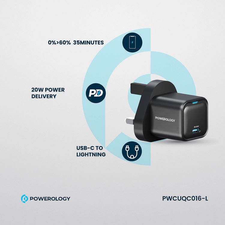 Powerology Ultra-Compact GaN Charger with USB-C to Lightning Braided Cable, 20W Power Delivery, Lightweight & Compact Design - Black