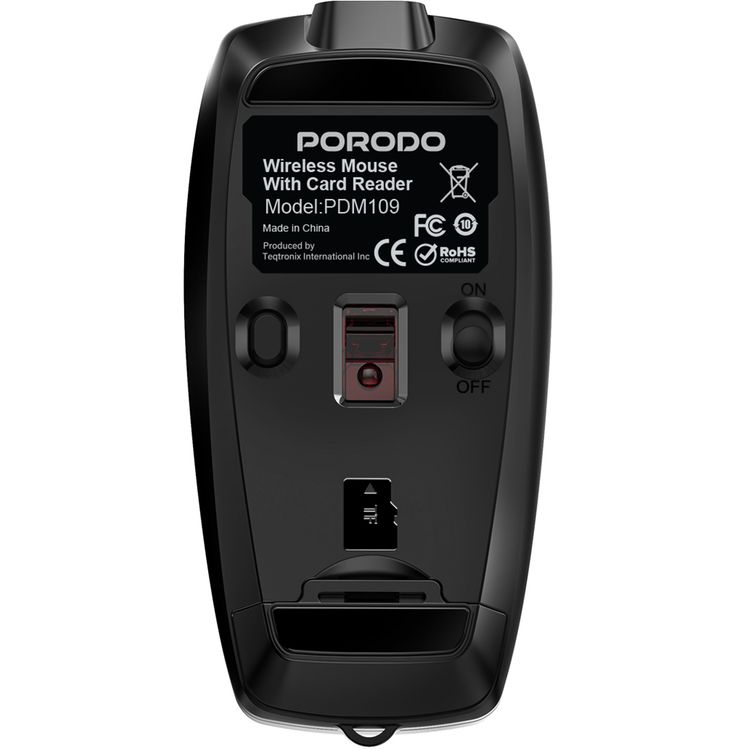 Porodo 1600DPI Wireless Mouse with Card Reader, 120mAh Battery, ABS Material, Bluetooth Version 5.1, 10m Working Distance, Silent Efficient Performance, Plug & Play - Black