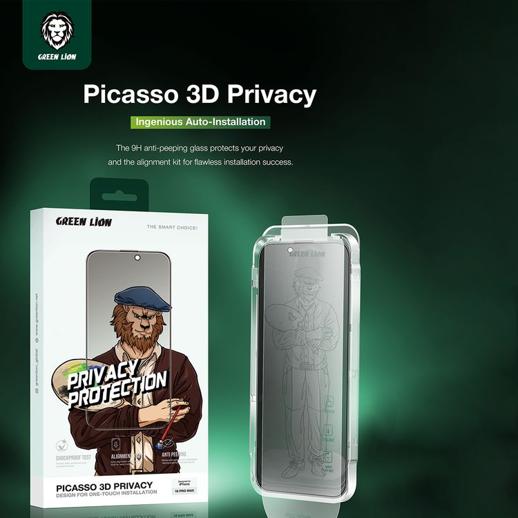 Green Lion Picasso 3D Privacy Screen Protector for iPhone 16 Pro Max, Drop Protection, Anti-Scratch, Shockproof Tested, Easy One-Touch Installation - Black
