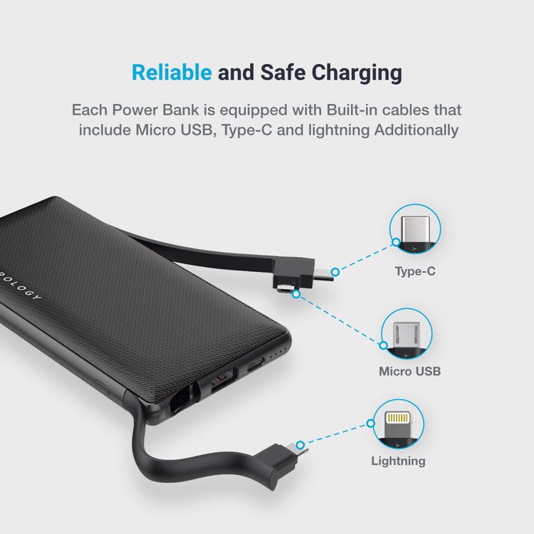 Powerology 6 in 1 Power Bank Station 10000mAh With Built-in Cable, Portable Power Bank, 1 Rapid Recharging Station, Type C Charging Ports - Black