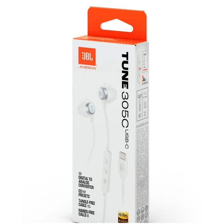 سماعات JBL Tune 305C USB-C سلكية داخل الأذن عالية الدقة، متوافقة مع أجهزة USB-C، محول رقمي إلى تناظري، إعدادات مسبقة للمعادل - أبيض