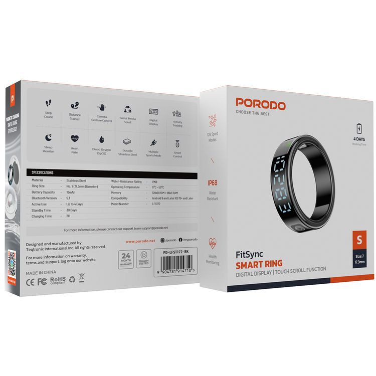 Porodo FitSync Smart Ring with Digital Display with Touch Scroll Function in Small Size 7, Up to 4 Days Active Use Time, 96KB Ram & 128KB ROM, Camera Gesture Control, Activity Tracking & 128 Sport Modes - Black