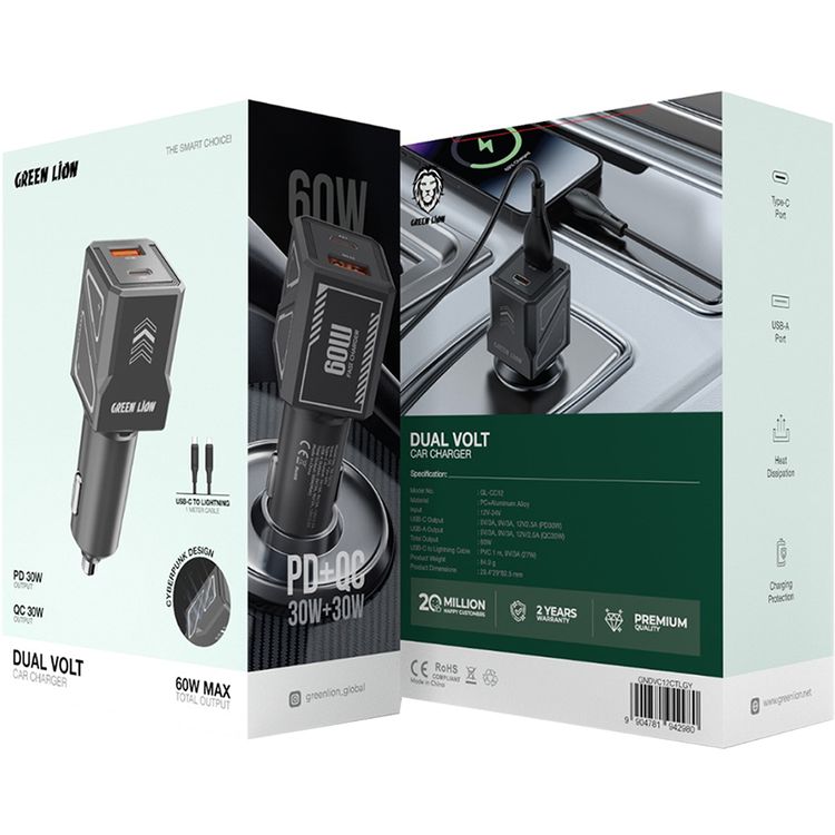 Green Lion Dual Volt Car Charger with Type-C to Lightning Cable, PD 30W, QC 30W, USB-A & USB-C Ports, 60W Total Output, Heat Dissipation, Charging Protection - Gray
