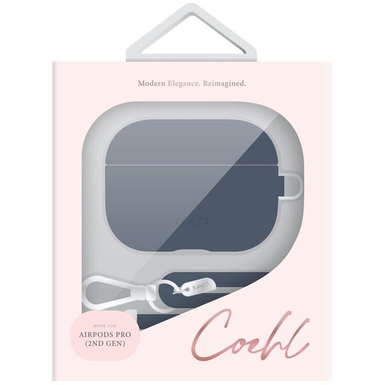 كفر UNIQ Coehl Haven Airpods Pro الجيل الثاني (2022)، شحن سلكي ولاسلكي، حزام يد قابل للفصل، جلد صناعي - أزرق ياقوتي