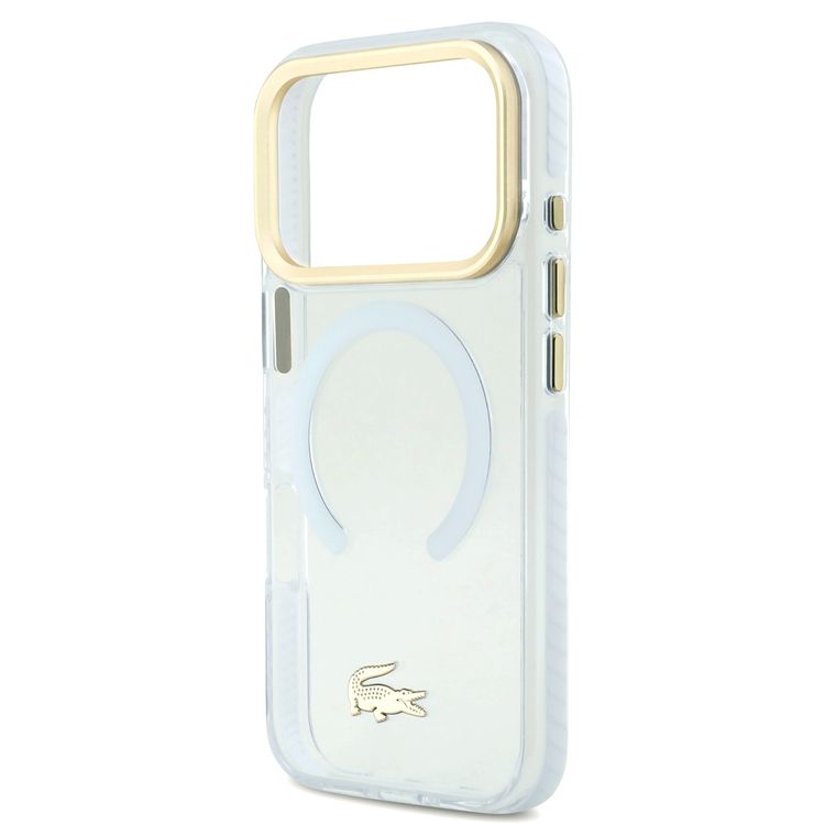 جراب لاكوست شفاف ماج سيف مصنوع من TPU و PC مع طبقة نهائية متجمدة لهاتف آيفون 17 برو، حماية ضد السقوط، تصميم نحيف، تغليف مستدام، تصميم سهل التركيب - أبيض / ذهبي