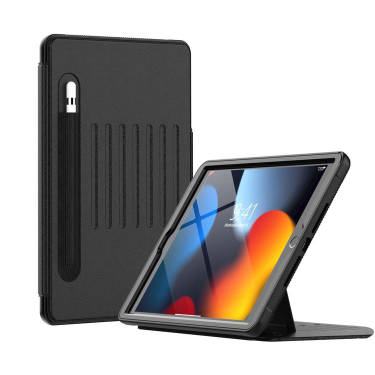 Levelo Luxora Case for iPad 10.2" (2019-2021), Adjustable Multi-Angle Viewing, Premium PU Leather Finish, Shockproof, Anti-Fingerprint, Built-in Pen Holder & Built-in 2 Card Slots, Magnetic Flap Closure - Black