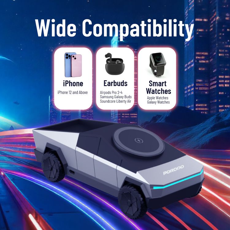 Porodo Cyber Dock 3-in-1 Wireless Charger with 15W Wireless Charging, 5W Earbuds Output, 2.5W Watch Output, 3-6mm Charging Distance, USB-C Charging Interface, 90°Motorized Rotation Stand - Gray