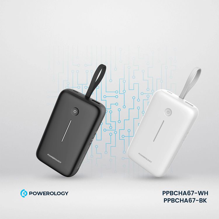 Powerology 20000mAh Power Bank with Detachable USB-C Wire, 30W Power Delivery, 3-Device Charging, Long Time Standby, Universal Phone Compatibility, Built-in Safeguards - White