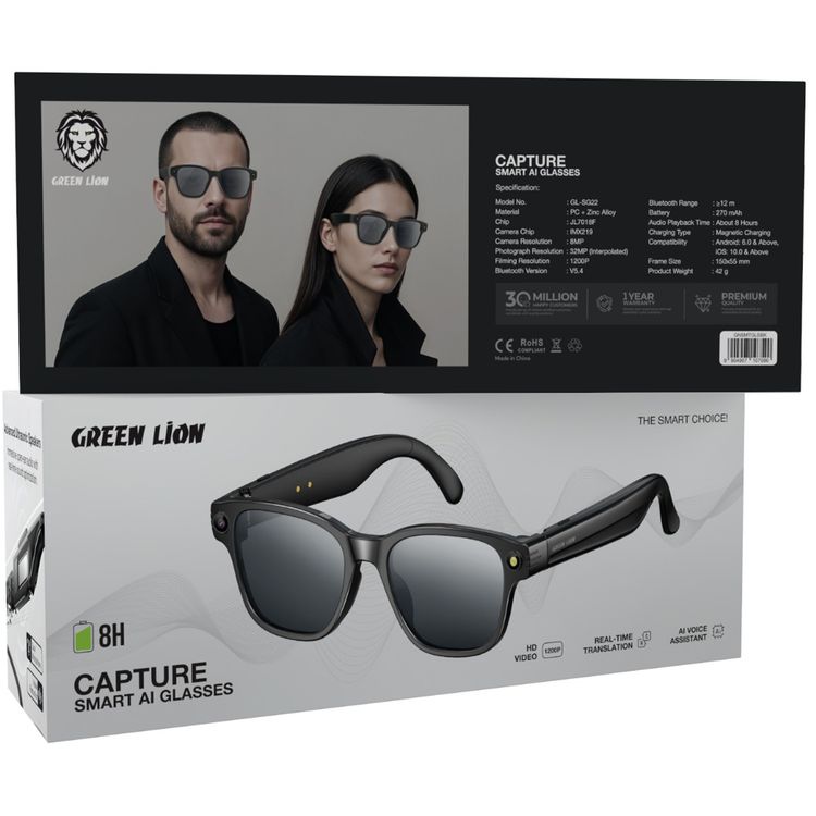 Green Lion Capture Smart AI Glasses with Directional Surround Sound, 1200P Filming Resolution, Dual Microphones, 8MP Camera Resolution, Bluetooth Version 5.4, 8 Hours Playback Time, Anti-Shake Video - Black