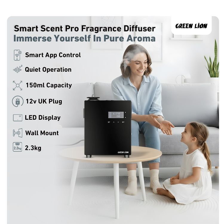 Green Lion Smart Scent Pro Fragrance Diffuser with Fragrance Bottle, Smart App Control, Quiet Operation, 5 Timer Settings, HVAC Connect, Aromatherapy, Wall-Mount, Security Lock - Black 