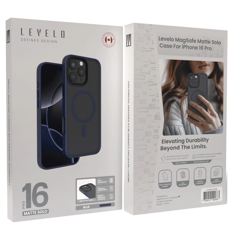 غطاء ليفالو ماتي سولو مع توافق مع ماج سيف لهاتف آيفون 16 برو، زوايا مقاومة للصدمات، مضاد لبصمات الأصابع، بناء هجين - أزرق
