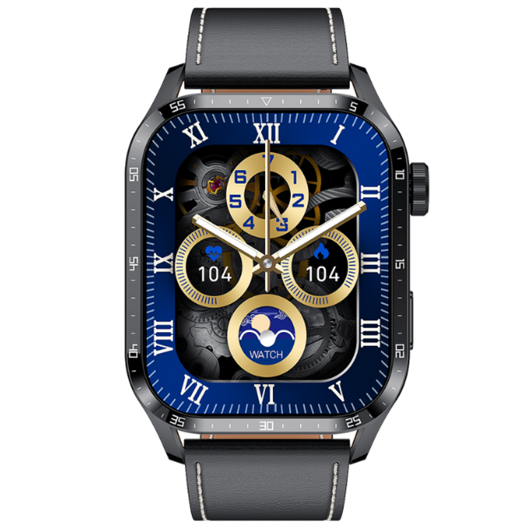 Porodo Lenox Smart Watch 1.91  Wide Touch Screen with Black Leather Strap - Black