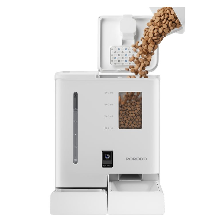 Porodo PetMate Automatic Pet Feeder & Water Dispenser with Wi-Fi & App Control, 5L Food Tank Capacity, 4L Water Tank Capacity, Compatible with 3-10mm Dry Kibble, HD Real-Time Camera Monitoring, Smart Feeding Control, Easy-to-Clean Design - White