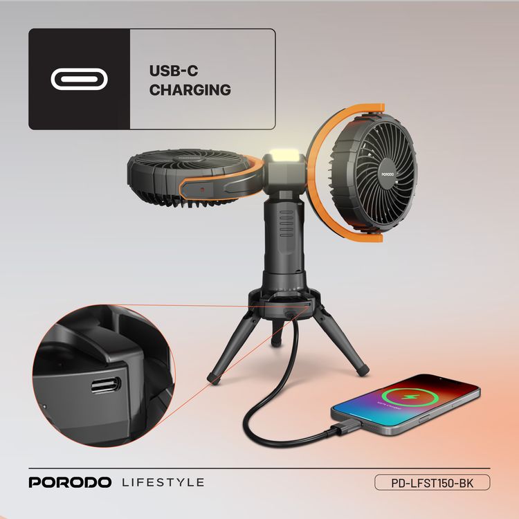 Porodo Lifestyle Dual-Head Oscillating Fan with LED Light, Power Bank, ABS & PP Material, 8000mAh Battery Capacity, Stable Tripod Base, Type-C Charging Port, 4 Levels Fan Speed, Hidden Hook - Black