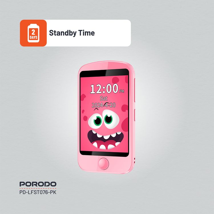 Porodo Kids 4G Smart Phone, 700mAh Battery Capacity, 24 Hours Normal Usage, 48 Hours Standby Time, SOS Calling, 2.8" Screen Size - Pink