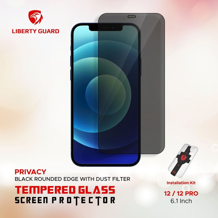 واقي شاشة كامل للخصوصية من Liberty Guard بحافة مستديرة سوداء مع فلتر غبار لهاتف iPhone 12 / 12 Pro