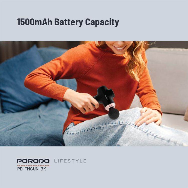 Porodo Lifestyle Precision Handheld Massager with 4 Interchangeable Heads, Up to 120 Minutes Working Time, 2 Hours Charging Time, Type-C Charging Port, 1500 mAh Battery Capacity, 15 W Rated Power, 6 Intensity Levels - Black