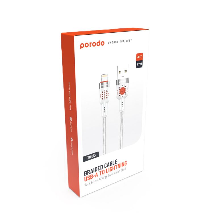 Porodo Aluminum Alloy Braided Cable USB-A to Lightning 1.2, 480Mbps Transfer Speed, 2.4A, more than 15000 Bends Life Span, Tangle Free - White