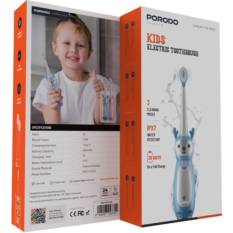 Porodo Kids Electric Toothbrush with 3 Cleaning Modes, Up to 30 Days Working Time, 350mAh Battery, DuPont Bristles Material, IPX7 Water Resistant, USB-C Fast Charging, Built-in Smart Timer, 1.5W Rated Power - Blue