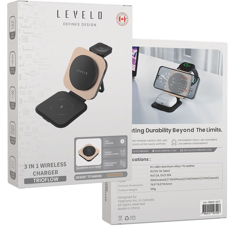 Levelo TrioFlow 3-in-1 Wireless Charger with Type-C Cable Included, Up to 15W Wireless Charging, Aluminum Alloy Finish, Simultaneous Charging, Foldable Design - Desert Titanium