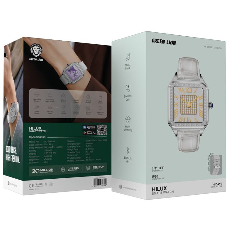 Green Lion Hilux Smart Watch with Extra Strap, 1.3" TFT IPS Display, 2-4 Days Working Time, 450nits Brightness, Sport Modes & Activity Tracking, Health Monitoring, 150mAh Battery, Bluetooth Version 5.4 - Silver