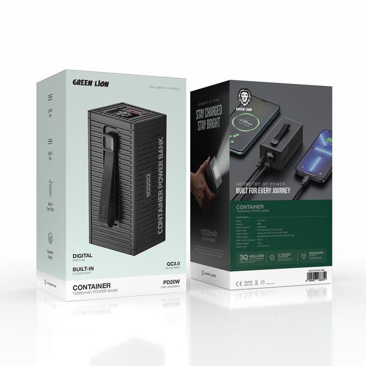  Green Lion Container 10000mAh Power Bank with 4 in 1 Charging Cable, Built-in Flashlight, Digital Display, PD20W Fast Charging, QC3.0 22.5W, Built-in Carry Strap - Black