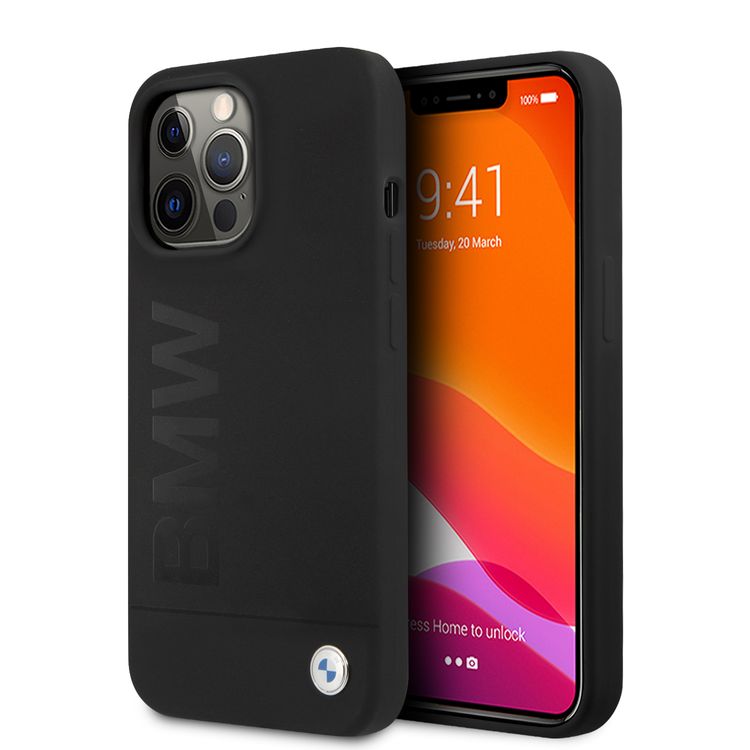 CG MOBILE BMW Liquid Silicone Case Tone On Tone Metal Logo Compatible for iPhone 13 Pro Max (6.7") Easy Access to All Ports, Anti-Scratch - Black