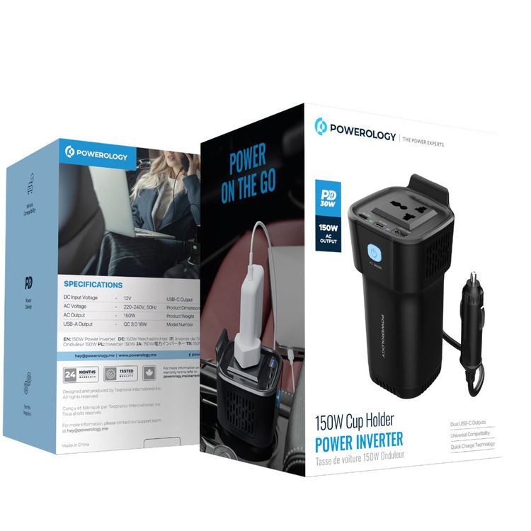 Powerology 150W Cup Holder Power Inverter with 30W Power Delivery, 1× USB-A & 2× USB-C Ports, Seamless Integration, 150W AC Output, Quick Charge Technology, Universal Compatibility - Black