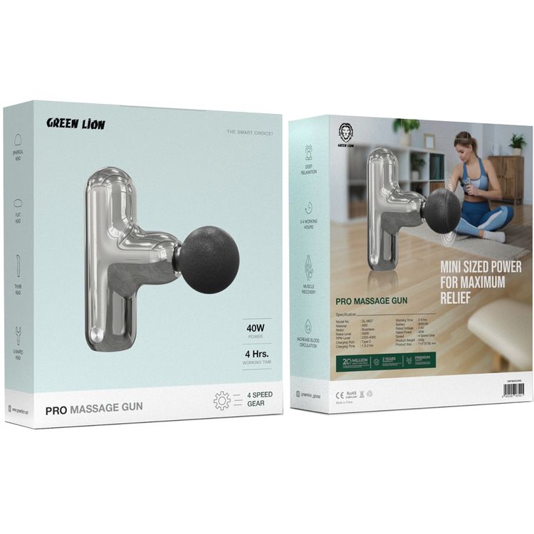 Green Lion Pro Massage Gun with Up to 4 Hours Working Time, 800mAh Battery, 4-Speed Gear, Muscle Recovery, Deep Relaxation, 4 Interchangeable Heads