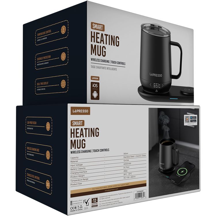 LePresso Smart Heating Mug with Wireless Charging Base, Real-Time Display, Temperature Control, Leak-Proof Design, Stainless Steel + Ceramic Glaze Material - Black  