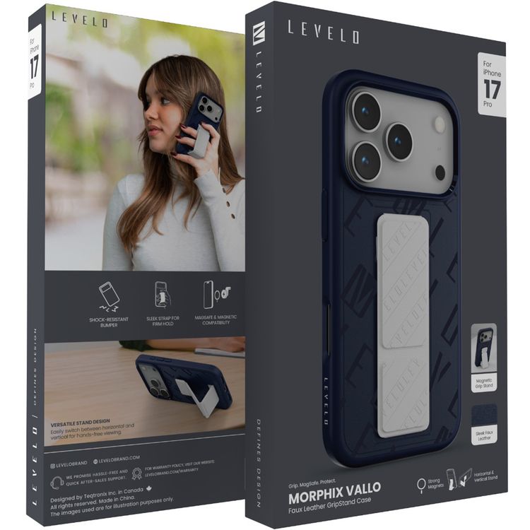 Levelo Morphix Vallo Faux Leather GripStand Case for iPhone 17 Pro, MagSafe & Magnetic Compatibility, Horizontal & Vertical Stand Positions, True Microfiber Interior Lining, Shock-Resistant Bumper, Strong Magnets - Cobalt Storm