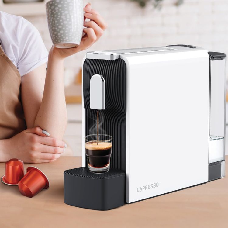 LePresso Baristo Espresso Machine with Powerful Italian Pump, 550mL Water Tank Capacity, 1200W Rated Power, Customizable Volume Control, Removable Drip Tray, Compatible with Nespresso Capsules - White