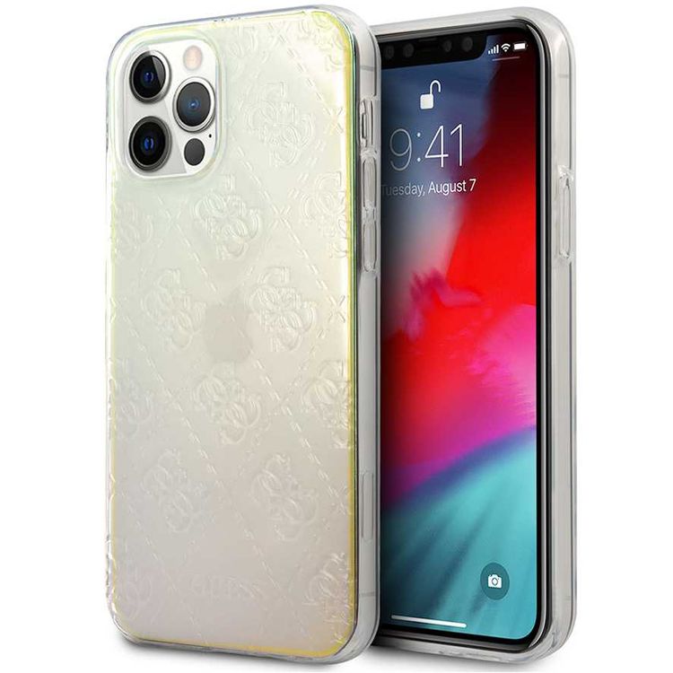 CG Mobile Guess PC/TPU 4G Pattern Hard Case Compatible for iPhone 12 / 12 Pro (6.1") Shock & Scratch Resistant, Easy Access to All Ports, Drop Protection Back Cover - Iridescent