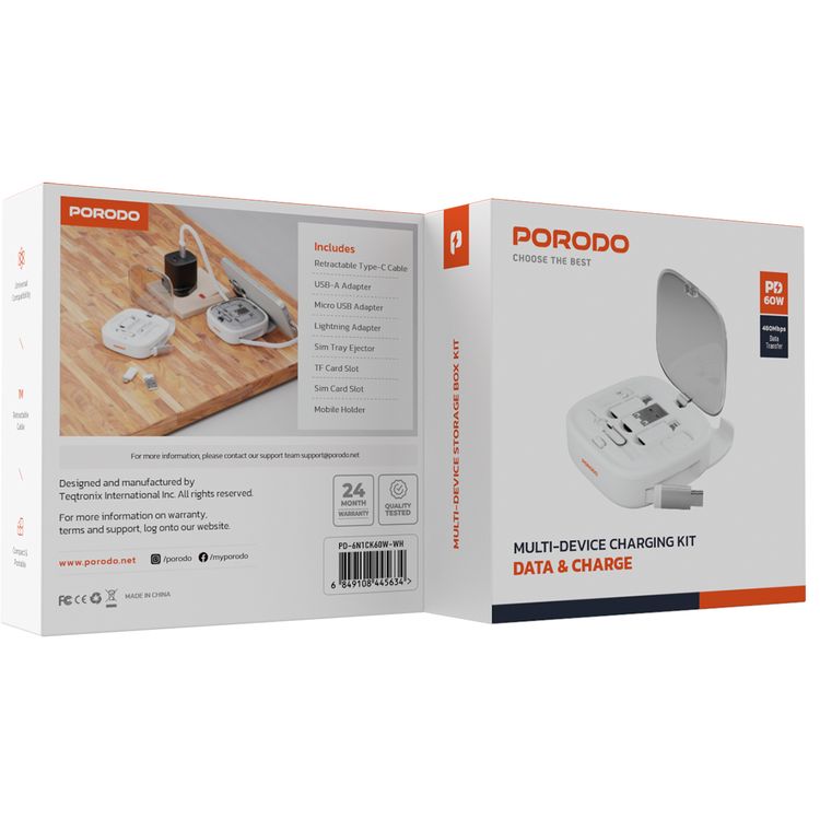 Porodo Multi-Device Charging Kit with Built-in Phone Holder, Retractable Type-C Cable, 60W Power Delivery, USB-A, Micro USB & Lightning Adapters, TF & Sim Card Slots - White