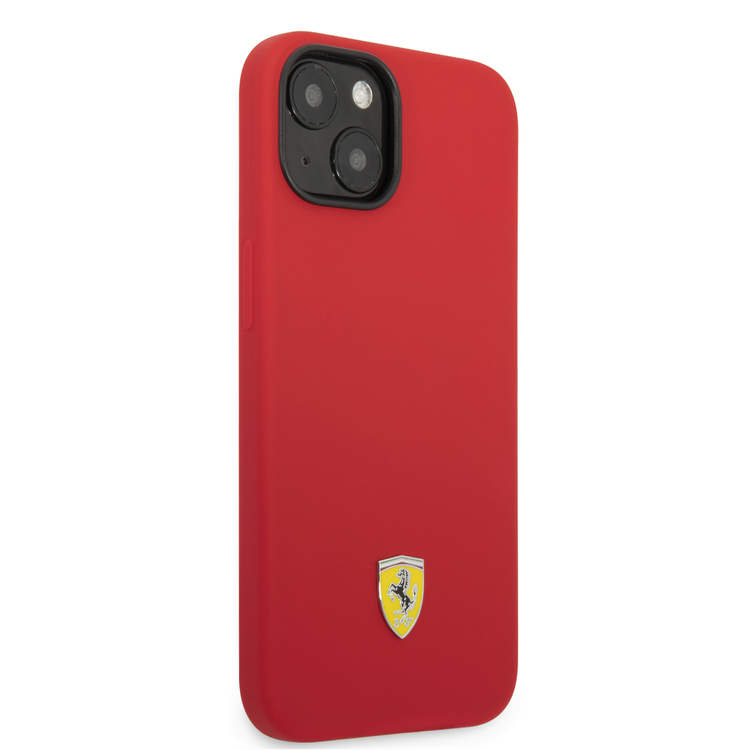 Ferrari Liquid Silicone Case with Black Camera Outline & Metal Logo iPhone 14 Compatibility - Red