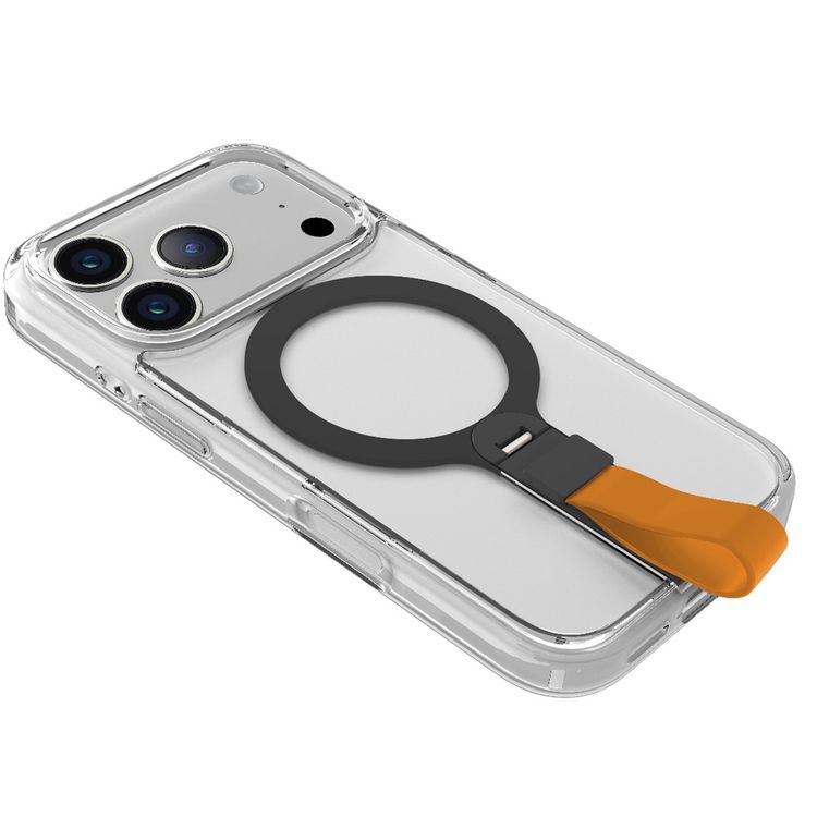 Levelo Spira MagSafe Clear Grip Case for iPhone 17 Pro, Strong Magnets, Horizontal & Vertical Viewing, Shock-Resistant Bumper, Anti-Scratch, 360° Rotating Metal Kickstand - Sunrise Orange