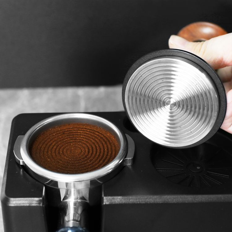 LePresso 58.5mm Impact Tamper with Thread Bottom, Aluminum, Stainless Steel & Wood Material, Compatible with 58mm Portafilter - Black