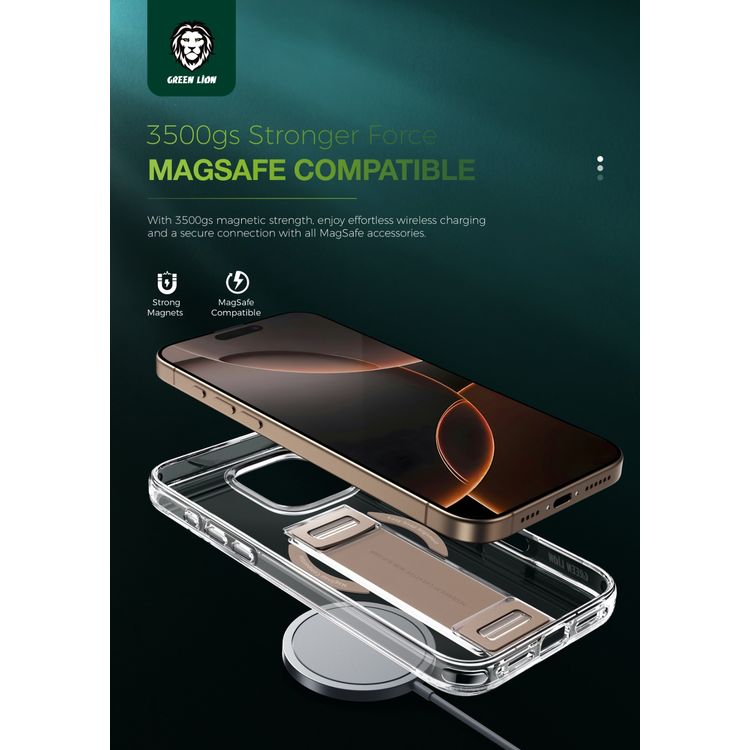 كفر حماية Green Lion MagSafe Grip لهاتف iPhone 16 Pro Max، شفاف مقاوم للاصفرار، حماية من الدرجة العسكرية، قبضة مريحة - ذهبي نحاسي 