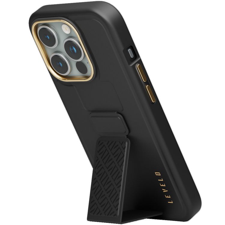 جراب Levelo Morphix Cuero Gripstand لهاتف iPhone 15 Pro Max، أوضاع متعددة، جلد PU، حواف مقاومة للصدمات - أسود